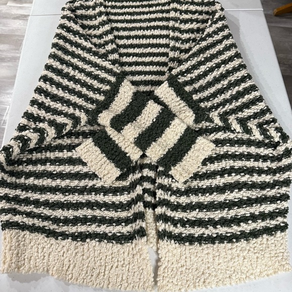 Umgee Striped Cardigan Oversized Popcorn Knit Olive & Cream Women’s Size Medium - Picture 10 of 12